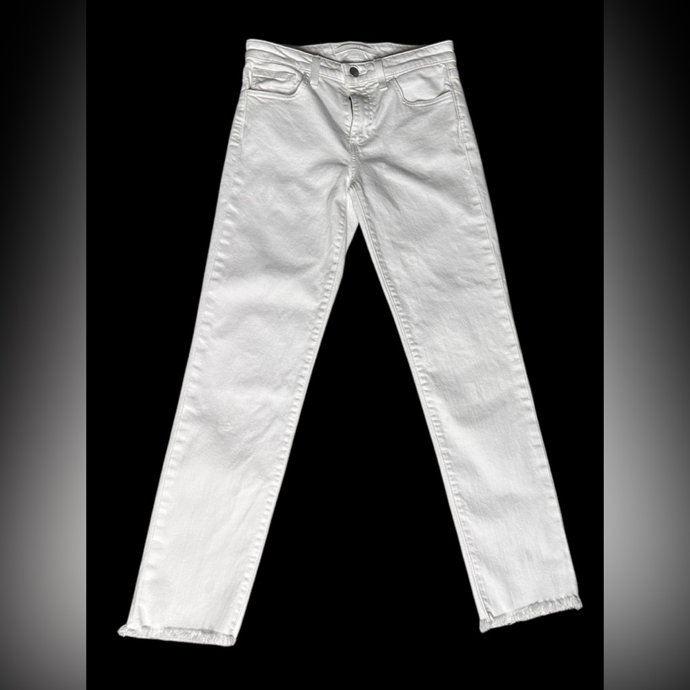 Joe’s Jeans The Lara Mid Rise Cigarette White Denim Jeans Frayed Hem Size 25